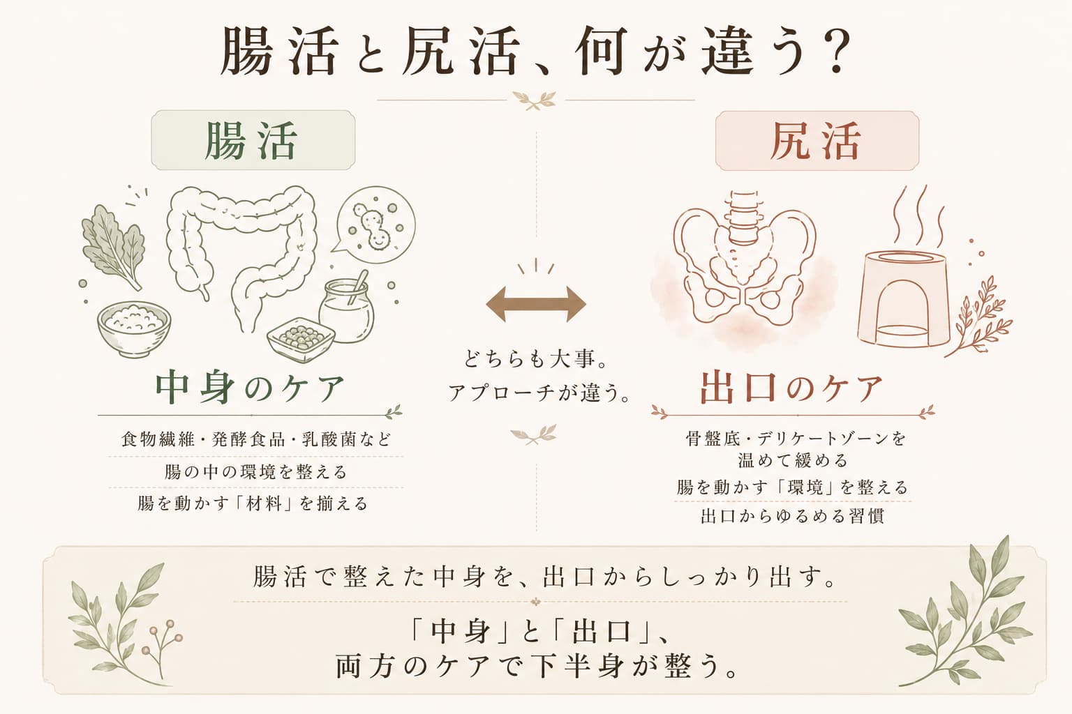 腸活と尻活の違いを示す比較図：腸活は中身（食べ物・菌）のケア、尻活は出口（骨盤底・デリケートゾーン）のケア